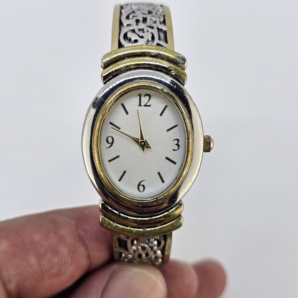 Women's Open Cuff Watch 25MM White Dial Two Tone Metal Bands 5.75" NEW Battery